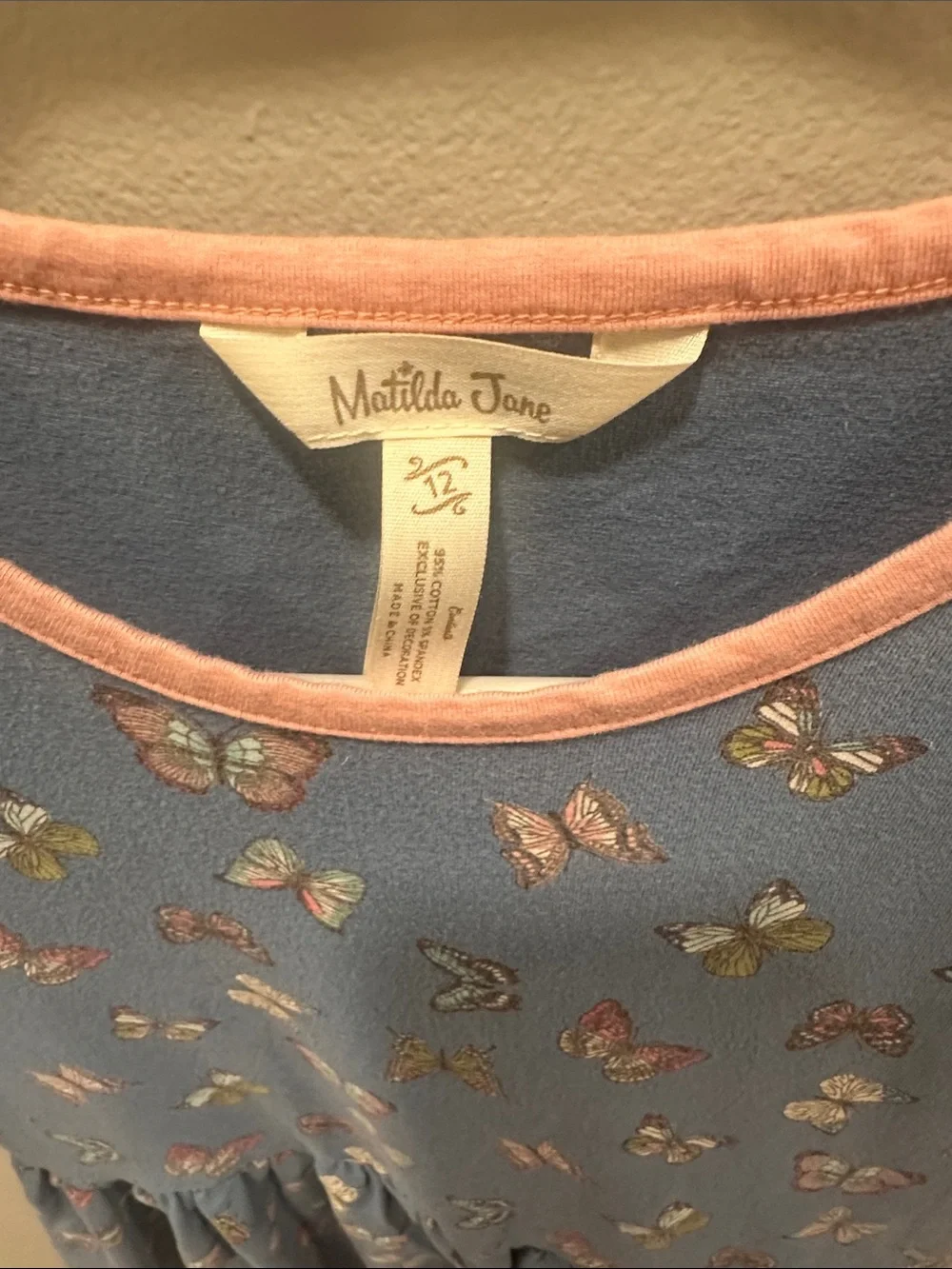 Matilda Jane Blue Butterfly Print Dress with Pink Trim